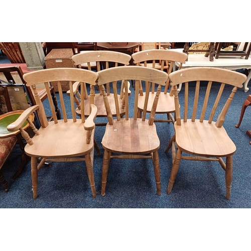 167 - SET OF 5 OAK SPAR BACK KITCHEN CHAIRS INCLUDING 2 ARMCHAIRS ON TURNED SUPPORTS .