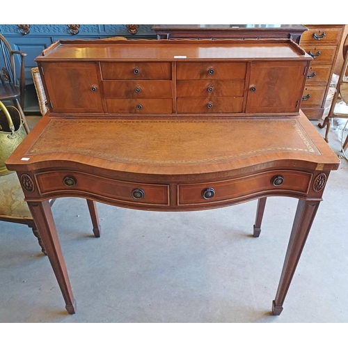 168 - 20TH CENTURY INLAID MAHOGANY WRITING DESK WITH GALLERY WITH 6 CENTRALLY SET DRAWERS FLANKED BY 2 PAN... 