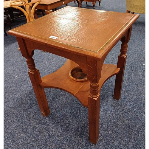 169 - ARTS & CRAFTS STYLE OAK TABLE WITH COPPER PANEL TOP ON SQUARE SUPPORTS WITH UNDER SHELF, HEIGHT 72CM