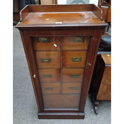 17 - 19TH CENTURY MAHOGANY COLLECTOR'S CABINET WITH GALLERY TOP OVER GLAZED PANEL DOOR OPENING TO MULTI-D... 