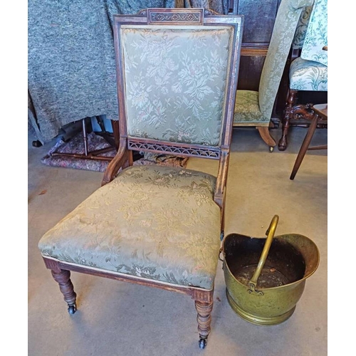 172 - LATE 19TH CENTURY MAHOGANY FRAMED LADIES CHAIR ON TURNED SUPPORTS & BRASS COAL SCUTTLE