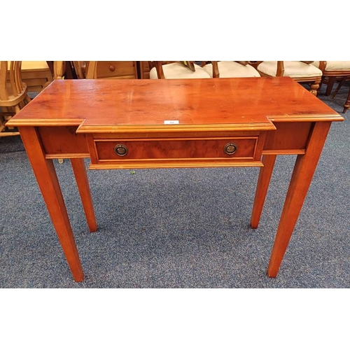 18 - YEW WOOD SIDE TABLE WITH SINGLE DRAWER ON SQUARE TAPERED SUPPORTS LABELLED ROSJOHN TO INTERIOR. 75 C... 