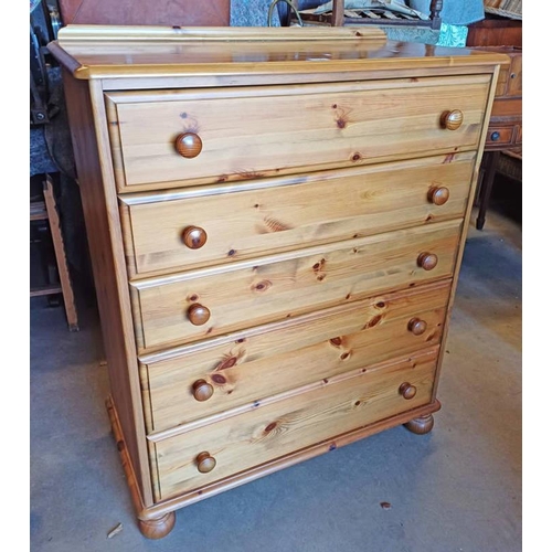 184 - PINE CHEST OF 5 DRAWERS ON BUN FEET.  108 CM TALL X 91 CM WIDE