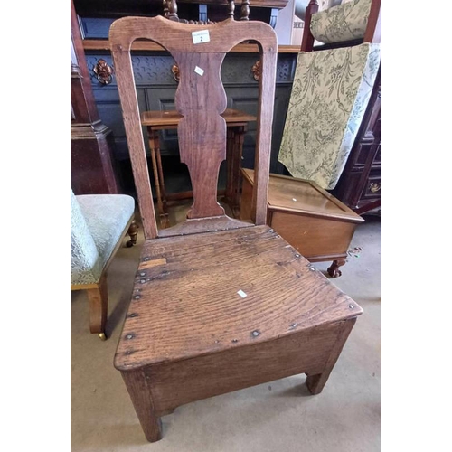 2 - 18TH CENTURY OAK CHAIR WITH SINGLE DRAWER TO SIDE ON BLOCK FEET.  84 CM TALL