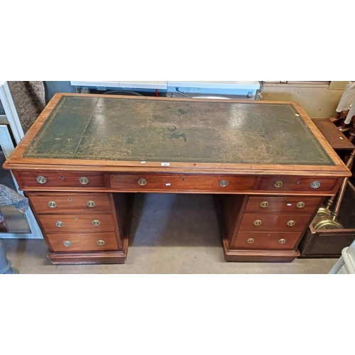 20 - 19TH CENTURY MAHOGANY TWIN PEDESTAL DESK WITH LEATHER INSET TOP & 3 FRIEZE DRAWERS OVER 2 STACKS OF ... 
