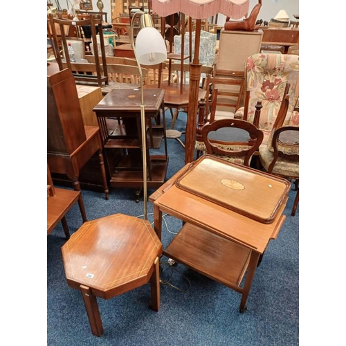 202 - INLAID OCTAGONAL TABLE, TEAK TROLLEY WITH FLIP TOP, INLAID MAHOGANY TRAY, ETC - 5 PIECES