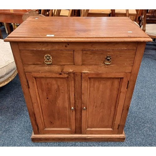 21 - 19TH CENTURY PINE CABINET WITH 2 DRAWERS OVER 2 PANEL DOORS ON PLINTH BASE, 90CM TALL X 75CM WIDE