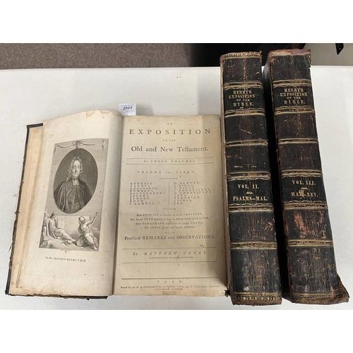 2523 - AN EXPOSITION ON THE OLD AND NEW TESTAMENT BY MATTHEW HENRY, IN 3 HALF LEATHER BOUND VOLUMES - 1786