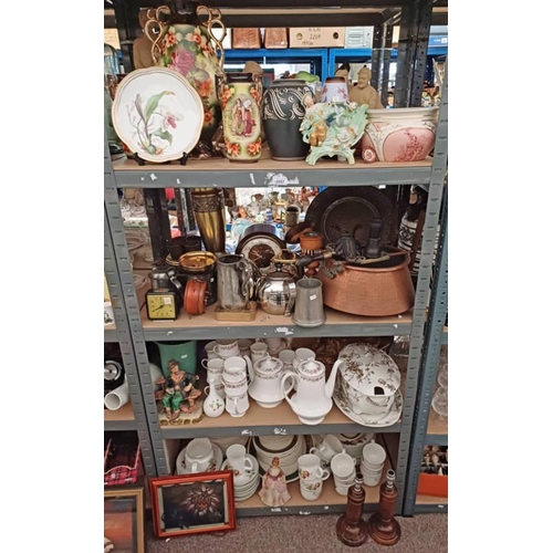 3057 - LARGE COPPER BOWL, VARIOUS METAL WARE, MANTLE CLOCK, GOOD SELECTION OF PARAGON PORCELAIN TEAWARE, BR... 