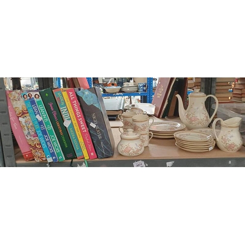 3071 - VARIOUS VOLUMES OF BOOKS, 6 PLACE ROYAL DOULTON LISETTE COFFEE SET ON 1 SHELF