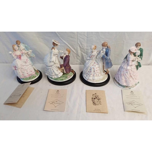 3078 - 4 ROYAL WORCESTER FIGURES TO INCLUDE THE FLIRTATION, THE PROPOSAL, THE BETROTHAL & THE TRYST, ALL BO... 
