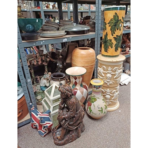 3093 - LARGE PORCELAIN VASES PORCELAIN STANDS, PORCELAIN BOWER FIGURES ETC ON ONE SHELF