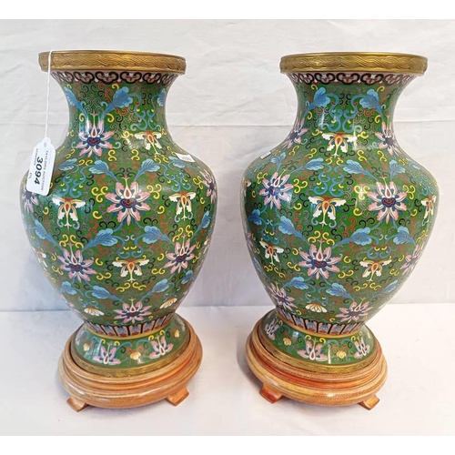 3094 - PAIR OF CLOISONNE VASES WITH FLORAL PATTERN DECORATION WITH HARDWOOD STANDS, BOTH 31CM TALL