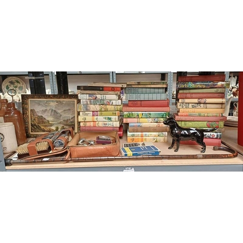 3097 - VARIOUS VOLUME BOOKS, COINS, EP WARE, BESWICK DOG, SILVER MOUNTED WALKING STICK ETC ON ONE SHELF