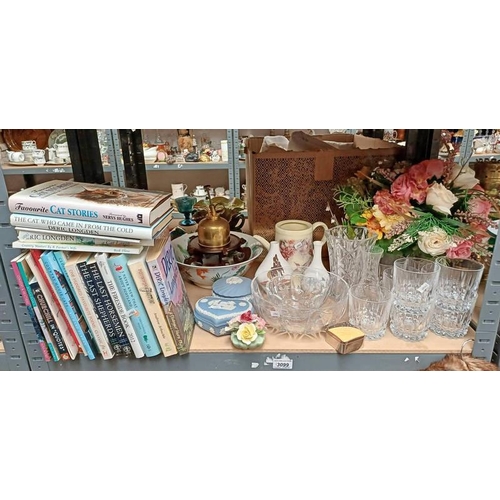 3099 - FRANKLIN PORCELAIN ORIENTAL BOWL, WEDGWOOD PORCELAIN, CRYSTAL, VARIOUS BOOKS ON ONE SHELF