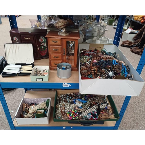 3100 - LARGE SELECTION COSTUME JEWELLERY, 2 JEWELLERY BOXES, VARIOUS SILVER PLATED WARE, WRIST WATCHES, ETC... 