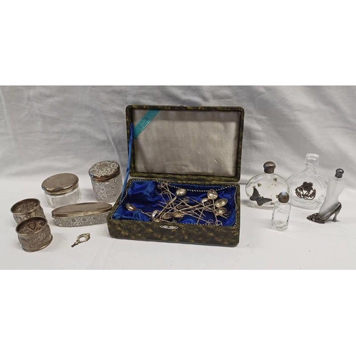 3101A - SILVER TOPPED JAR, VARIOUS SCENT BOTTLES, VARIOUS ORIENTAL SPOONS & FORKS, VARIOUS NAPKIN RINGS, ETC