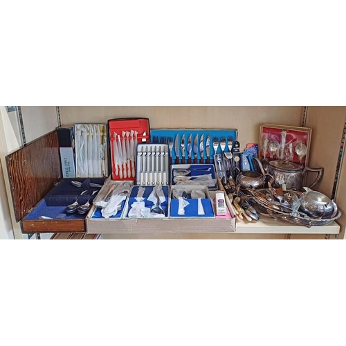 3101C - 3 PIECE SILVER PLATED TEASET, SILVER PLATED BASKET, VARIOUS CUTLERY, ETC ON 1 SHELF