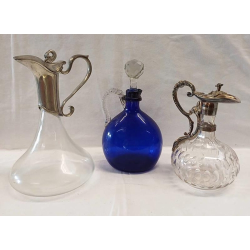 3101E - CLARET JUG WITH SILVER PLATED MOUNTS,ARTS & CRAFTS STYLE CLARET JUG AND BLUE GLASS CLARET JUG