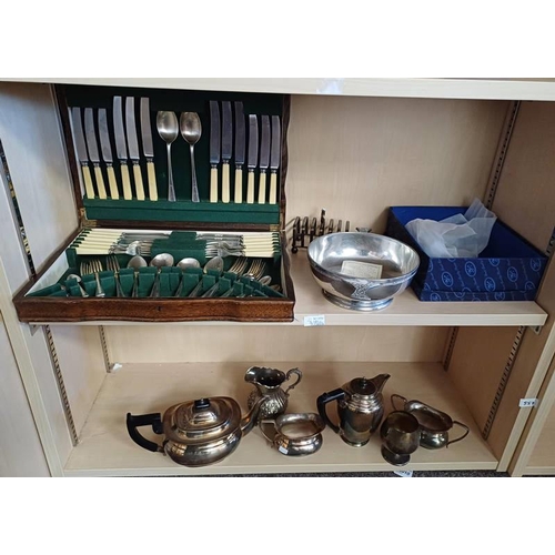 3101G - OAK CASED CANTEEN OF SILVER PLATED CUTLERY, SILVER PLATED TEASET, LARGE METAL QUAICH IN BOX, DECORAT... 