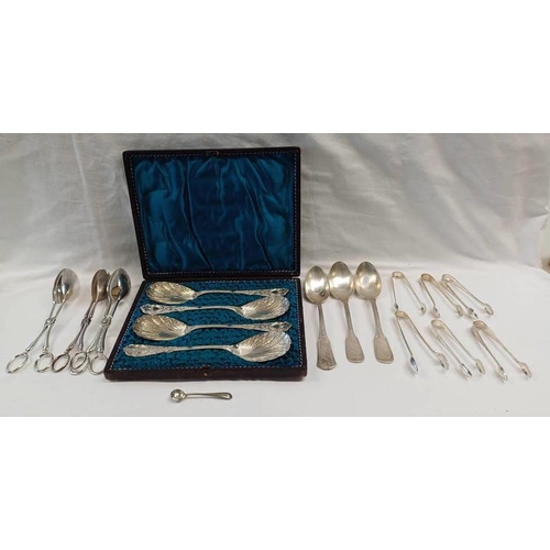 3102 - EXCELLENT SELECTION OF SERVERS INCLUDING CASED SET OF 4 SPOONS WITH FLORAL DECORATION, VARIOUS TONGS... 