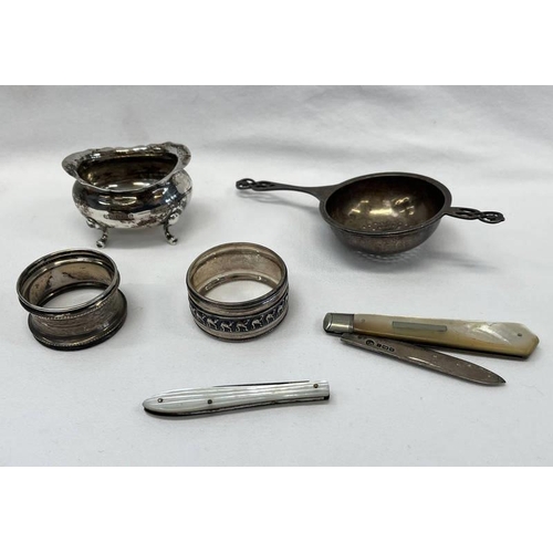 3107 - OVAL SILVER SALT, SILVER TEA STRAINER, MOTHER OF PEARL KNIFE WITH SILVER BLADE & ONE OTHER WITH STEE... 