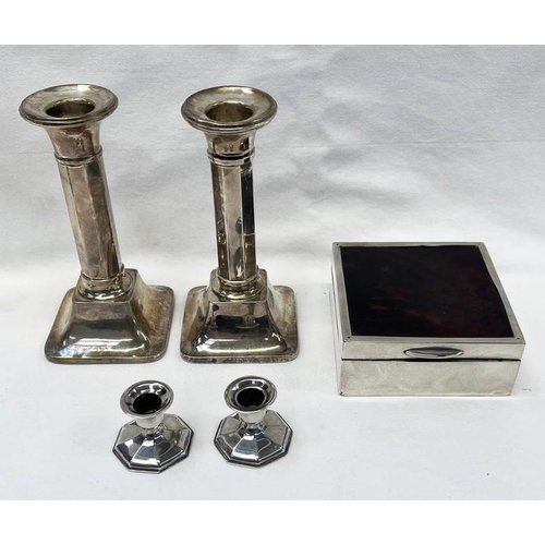 3113 - PAIR OF SILVER CANDLESTICKS ON SQUARE BOXES, SILVER & TORTOISESHELL BOX  AND PAIR CANDLESTICKS MARKE... 