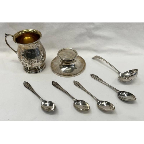 3114 - SILVER CHRISTMAS MUG, SILVER INKWELL, SILVER SIFTER LADLE, 4 SILVER TEASPOONS