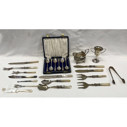 3117 - CASED SET OF 6 SILVER TEASPOONS, SHEFFIELD, GOOD SELECTION MOTHER OF PEARL HANDLED CUTLERY, PAIR OF ... 