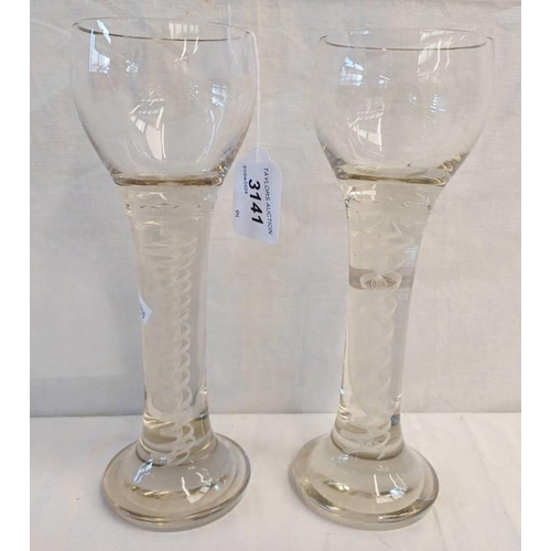 3141 - PAIR OF OPAQUE TWIST STEM WINE GLASSES, BOTH 24.5 CM TALL