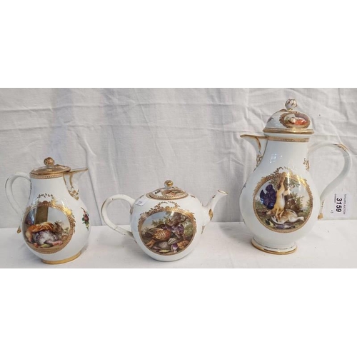 3159 - 3 MEISSEN STYLE PORCELAIN TEAPOTS OF DIFFERENT SIZES DECORATED WITH BIRDS AND FLOWERS, TALLEST 24 CM