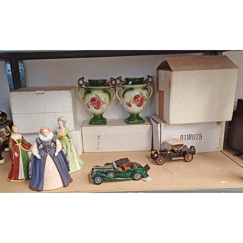 3210 - 3 FRANKLIN PORCELAIN FIGURES, PAIR OF FLORAL DECORATED VASES, 2 PRECISION MODEL CARS ON 1 SHELF