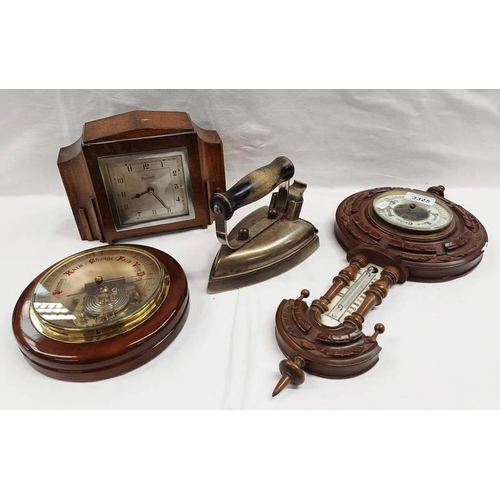 3325 - MAHOGANY CASED ANEROID BAROMETER, OAK MANTLE CLOCK, CIRCULAR ANEROID BAROMETER, & A FLAT IRON