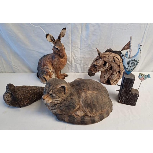 3334 - POTTERY CAT, HARE, HORSES HEAD, CURLEW, ETC