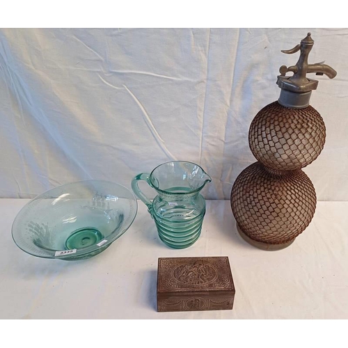 3335 - GLASS EWER & BASIN WITH ENGRAVED DECORATION AND METAL BOUND SODA SYPHON, METAL BOX