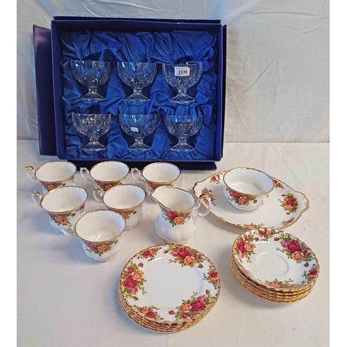 3336 - COUNTRY ROSES PORCELAIN TEASET, 6 PLACE SETTING AND CASED SET CRYSTAL COMPORTS
