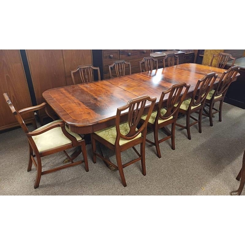 35 - MAHOGANY TRIPLE PEDESTAL DINING TABLE & SET OF 10 MAHOGANY DINING CHAIRS INCLUDING 2 ARMCHAIRS ON SQ... 