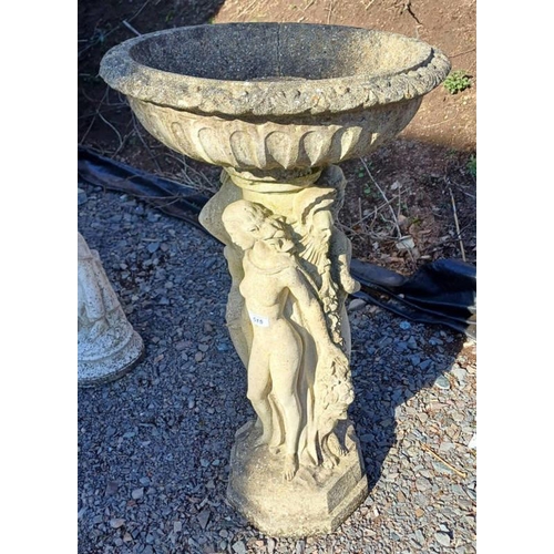 515 - RECONSTITUTED STONE BIRD BATH WITH DECORATIVE PEDESTAL OF 3 LADIES. 86 CM TALL