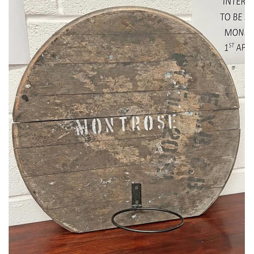 515A - WHISKY BARREL LID PLANT POT HOLDER MARKED MONTROSE