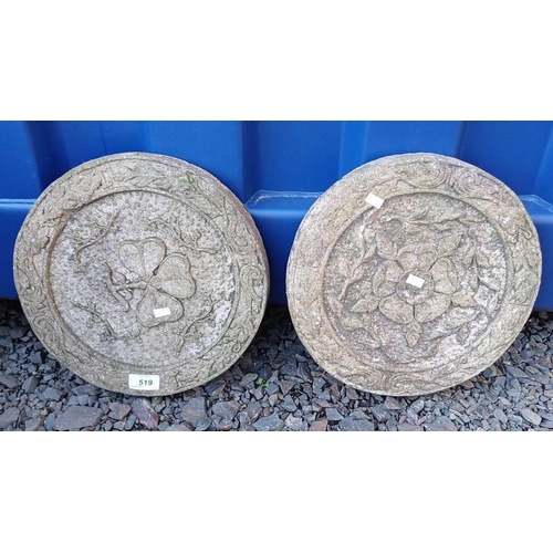 519 - PAIR OF RECONSTITUTED STONE PAVING STONES, 1 DECORATED WITH A ROSE, THE OTHER A CLOVER