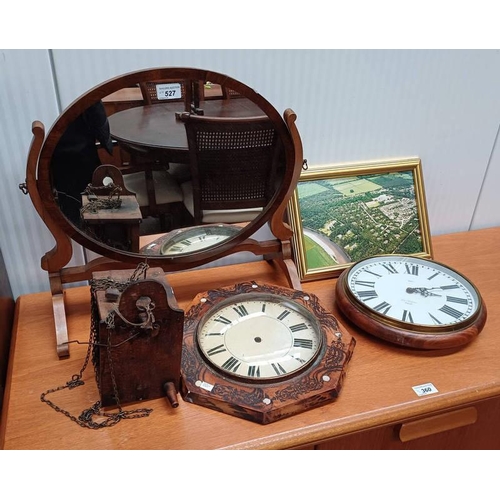 527 - MAHOGANY WALL CLOCK WITH CARVED DECORATION AND PAINTED DIAL & 1 OTHER WALL CLOCK, MAHOGANY DRESSING ... 