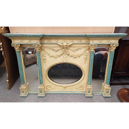 54 - OVERMANTLE MIRROR WITH PAINTED FRAMED WITH CHERUB & CORINTHIAN COLUMN DECORATION