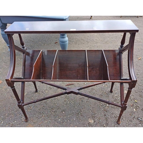 56 - 19TH CENTURY MAHOGANY BOOK TROUGH ON TURNED SUPPORTS WITH PAD FEET.  84 CM TALL X 93 CM WIDE