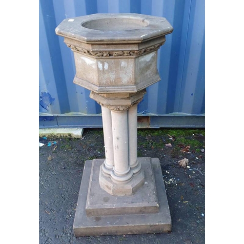 58 - RECONSTITUTED STONE FONT ON QUAD-PEDESTAL WITH SQUARE PLINTH BASE. 104 CM TALL