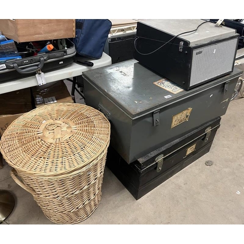 6062 - HACKER RECORD PLAYER, WICKER BASKET & 2 METAL TRUNKS