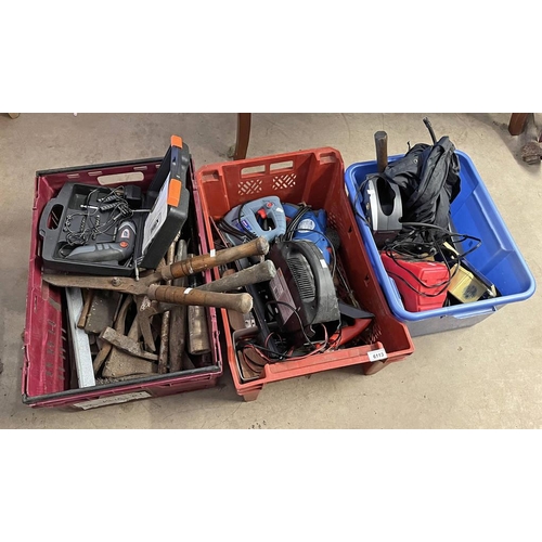 6113 - GOOD SELECTION OF VARIOUS TOOLS TO INCLUDE HATCHET, HAMMERS, 4.8 VOLT BATTERY POWERED SCREWDRIVER, B... 
