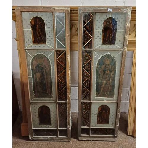 66 - PAIR OF OAK FRAMED GLAZED PANEL DOORS WITH CLASSICAL SCENE FROSTED & STAINED GLASS PANELS, 154CM TAL... 