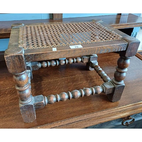 70 - 19TH CENTURY OAK FRAMED RECTANGULAR STOOL WITH BERGERE SEAT ON TURNED SUPPORTS