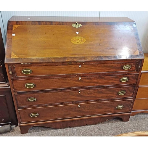 73 - 19TH CENTURY INLAID MAHOGANY BUREAU WITH FALL FRONT OPENING TO FITTED INTERIOR OVER 4 LONG GRADUATED... 