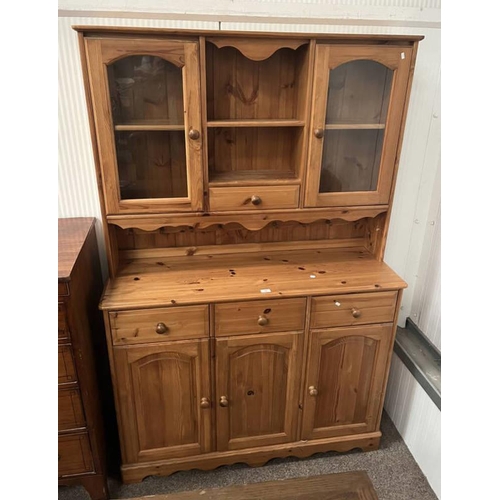 77 - PINE DRESSER WITH SHELF BACK WITH 2 GLAZED PANEL DOORS & 2 DRAWERS OVER BASE WITH 3 DRAWERS OVER 3 P... 